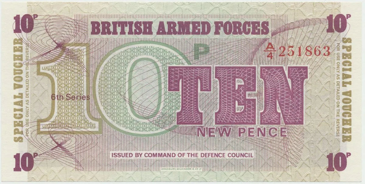 Velká Británie, 10 New Pence (1972), BAF - vojenské vydání, II. vydání - tisk BWC, P.M48
