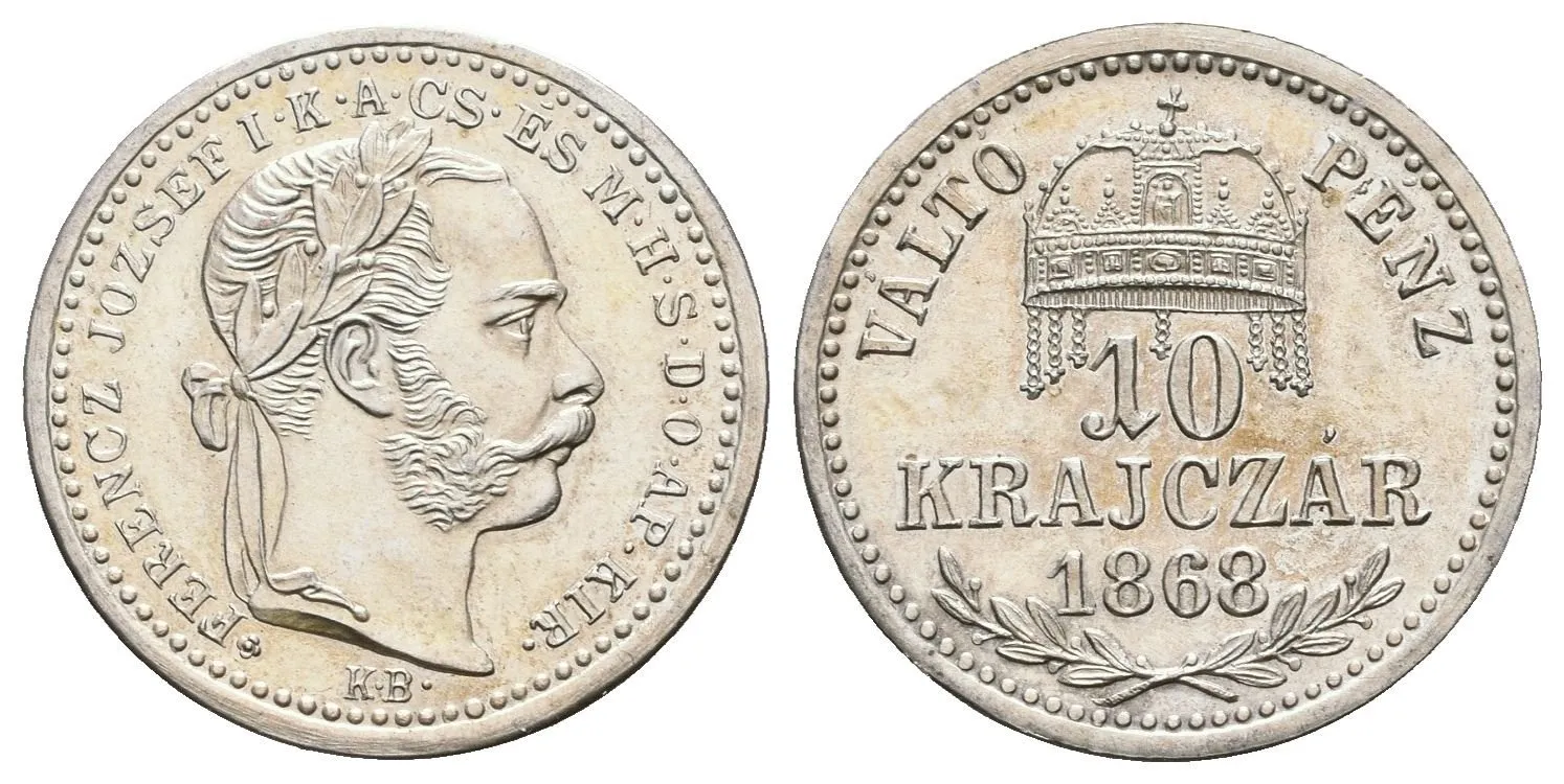 10 Krejcar 1868 KB, ... AP KIR / VÁLTÓ PÉNZ, Ves.107, novoražba s rozetou, — 1