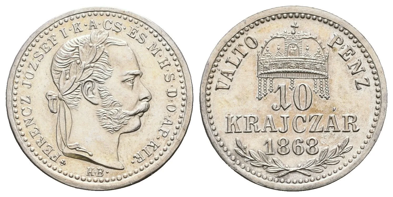 10 Krejcar 1868 KB, ... AP KIR / VÁLTÓ PÉNZ, Ves.107, novoražba s rozetou, — 1