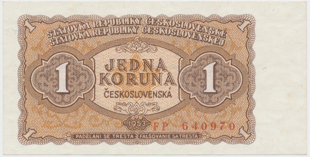 Československo, 1 Koruna 1953, tisk Praha, série FP, Hej.89b1