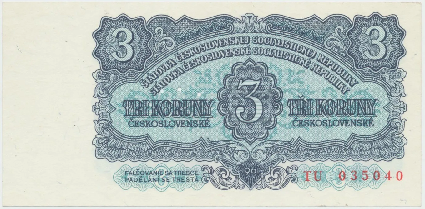 Československo, 3 Koruna 1961, série TU, perf. 3 m.d., Hej.98a.S1