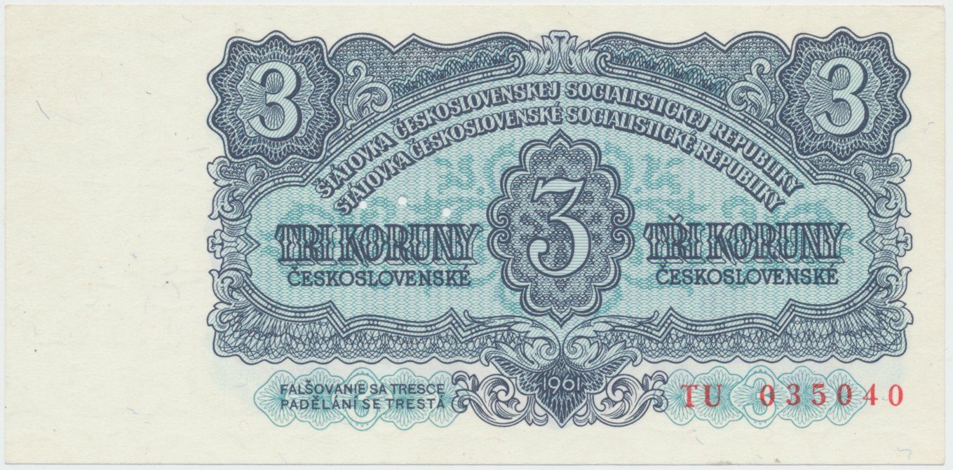 Československo, 3 Koruna 1961, série TU, perf. 3 m.d., Hej.98a.S1