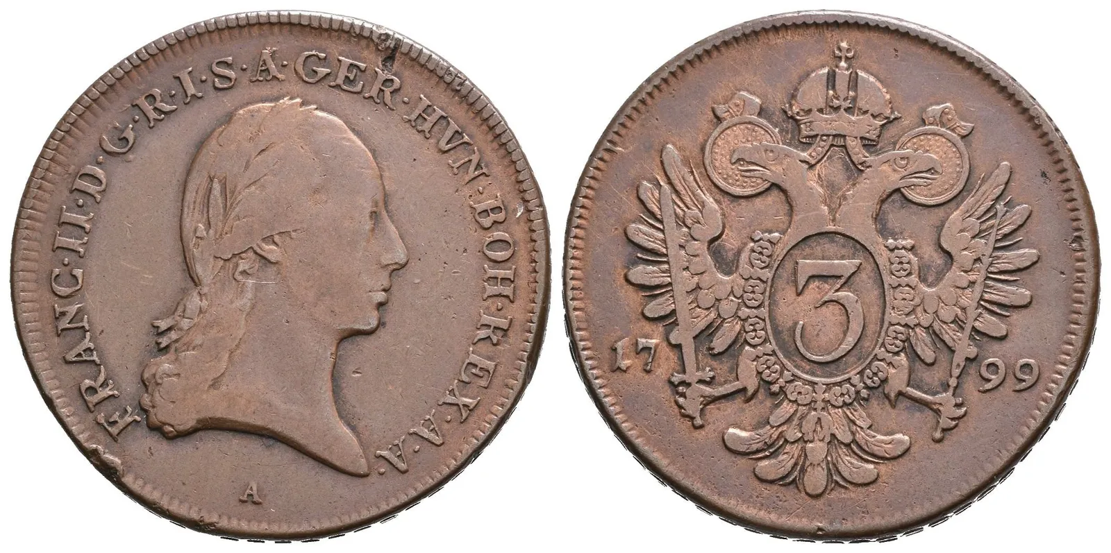 3 Krejcar 1799 A, tlustý střížek, patina, drobné údery_R! — 1