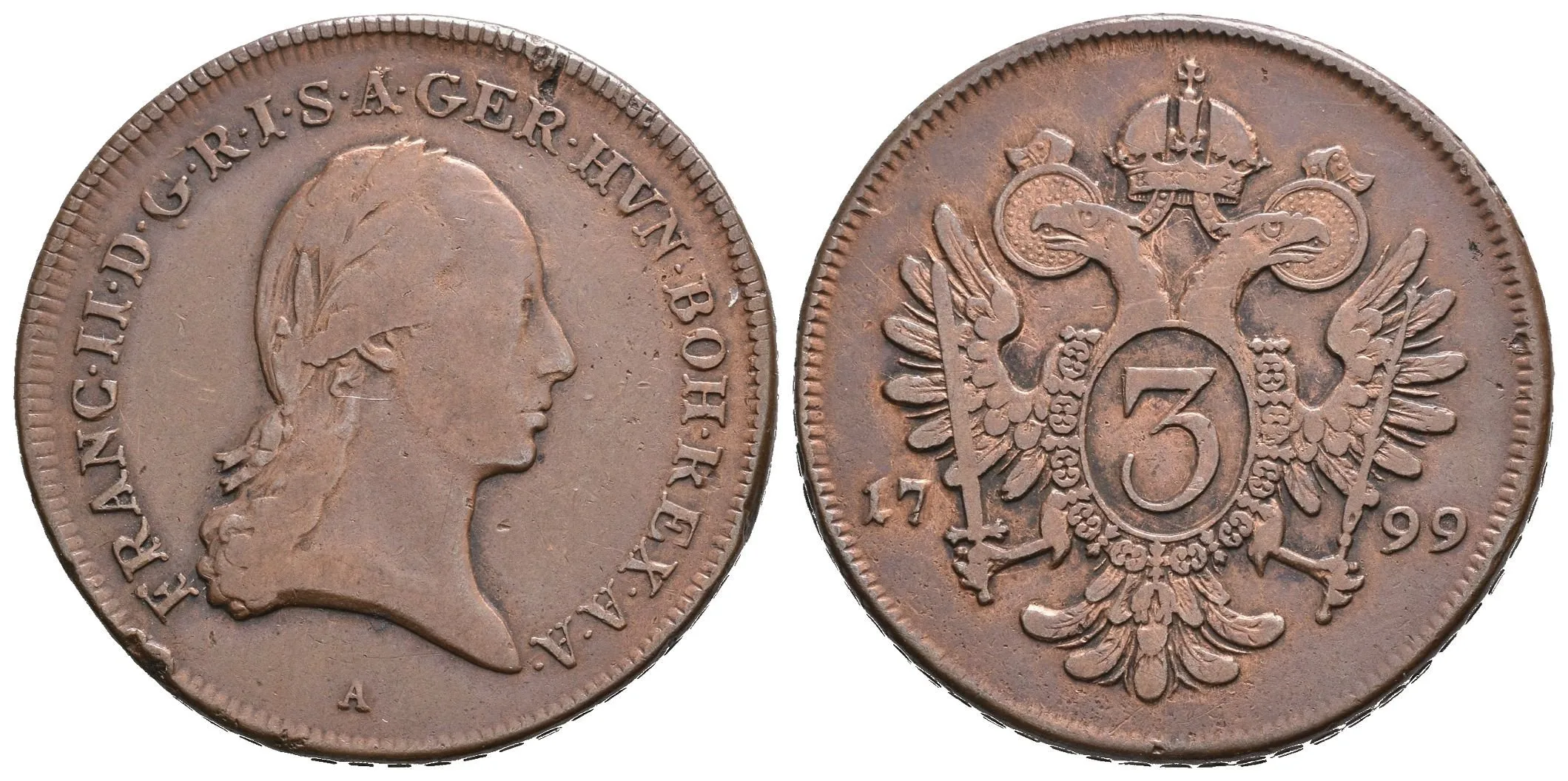 3 Krejcar 1799 A, tlustý střížek, patina, drobné údery_R! — 1
