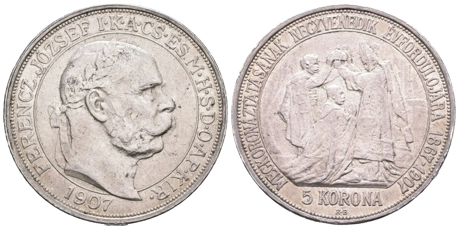 5 Koruna 1907 KB - Jubilejní k 40. výročí korunovace na uherského krále, — 1