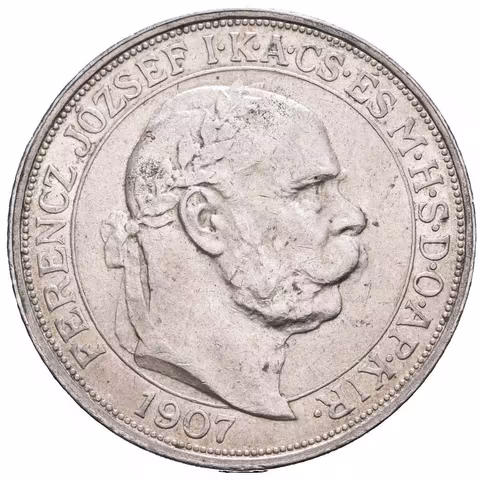 5 Koruna 1907 KB - Jubilejní k 40. výročí korunovace na uherského krále,