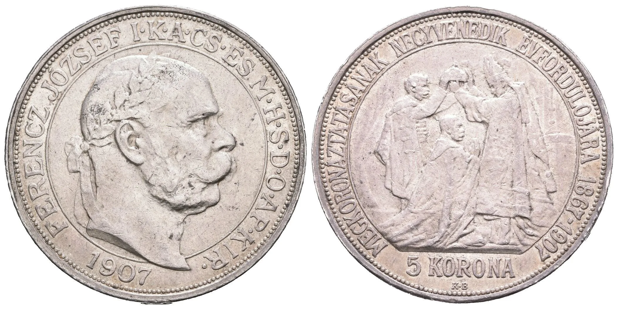 5 Koruna 1907 KB - Jubilejní k 40. výročí korunovace na uherského krále, — 1