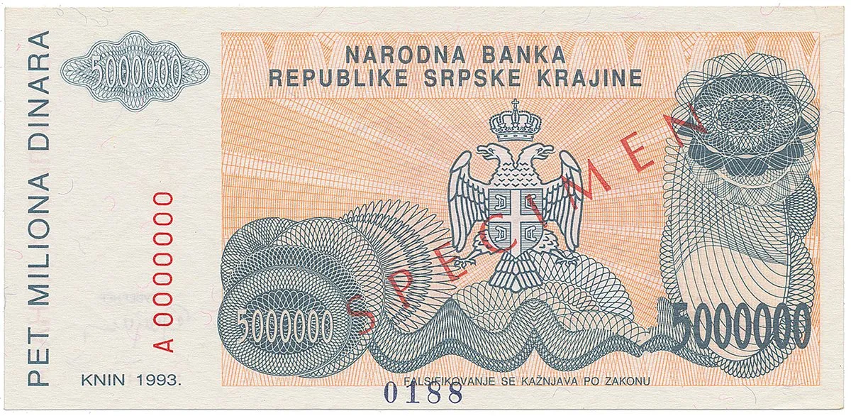 Chorvatsko - Srbská Krajina, 5 Miliona Dinara 1993, bankovní vzor, A 0000000, přet. SPECIMEN, P.R24s