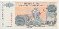 Chorvatsko - Srbská Krajina, 5 Miliona Dinara 1993, bankovní vzor, A 0000000, přet. SPECIMEN, P.R24s
