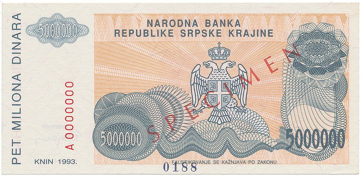 Chorvatsko - Srbská Krajina, 5 Miliona Dinara 1993, bankovní vzor, A 0000000, přet. SPECIMEN, P.R24s