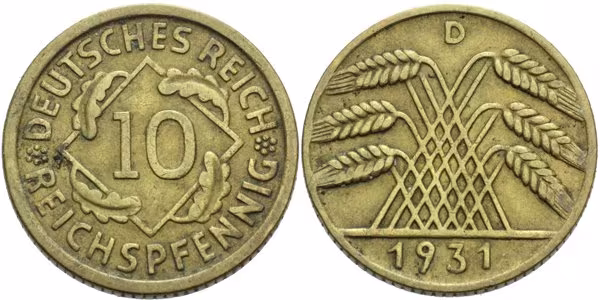 Výmar, 10 Reichspfennig 1931 D