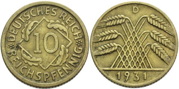 Výmar, 10 Reichspfennig 1931 D