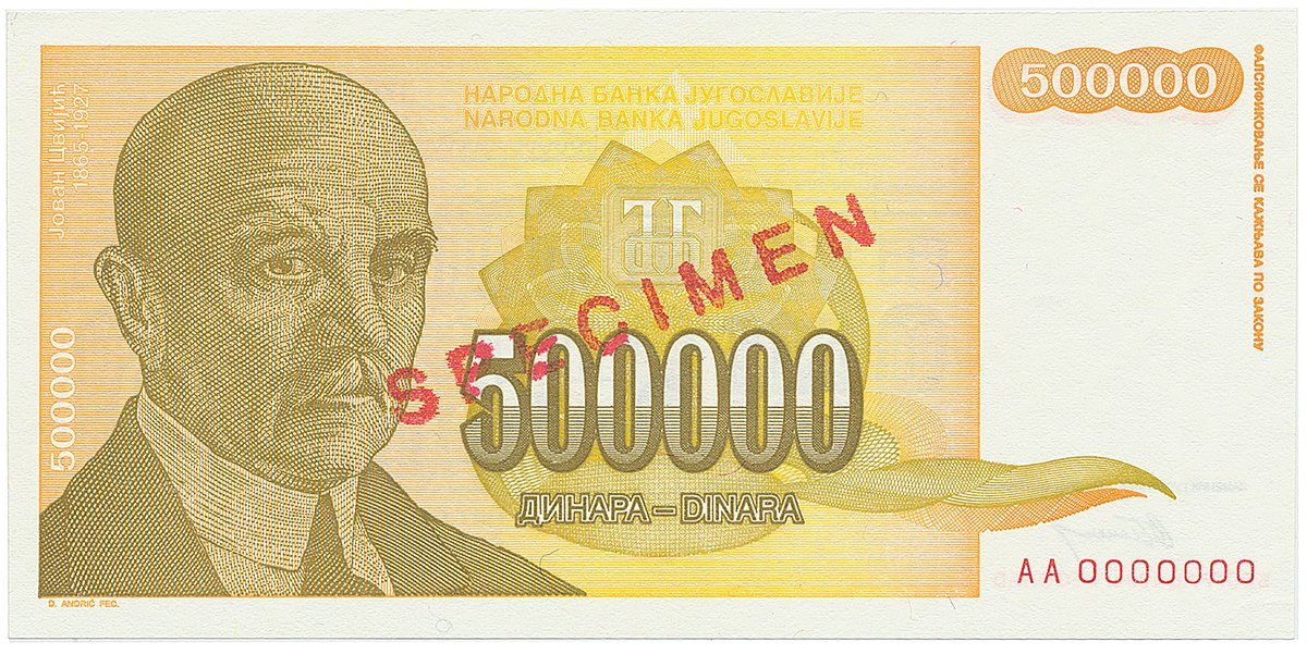 Jugoslávie, 500.000 Dinara 1994, anulát AA 0000000, razítko SPECIMEN, P.143