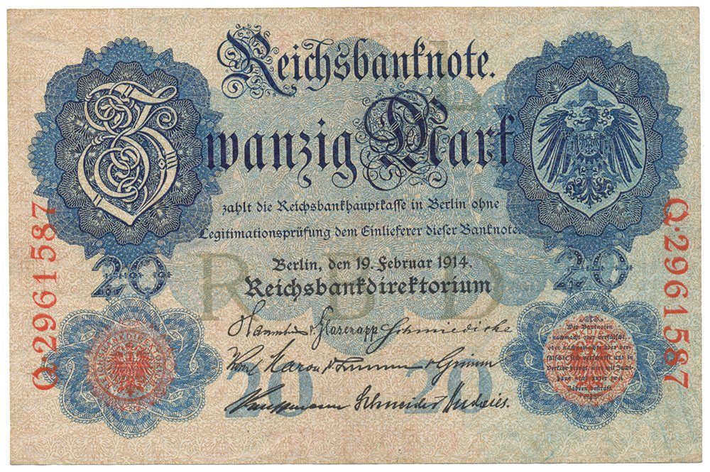 Německo, 20 Mark 1914, 7-místný číslovač, Ro.47b