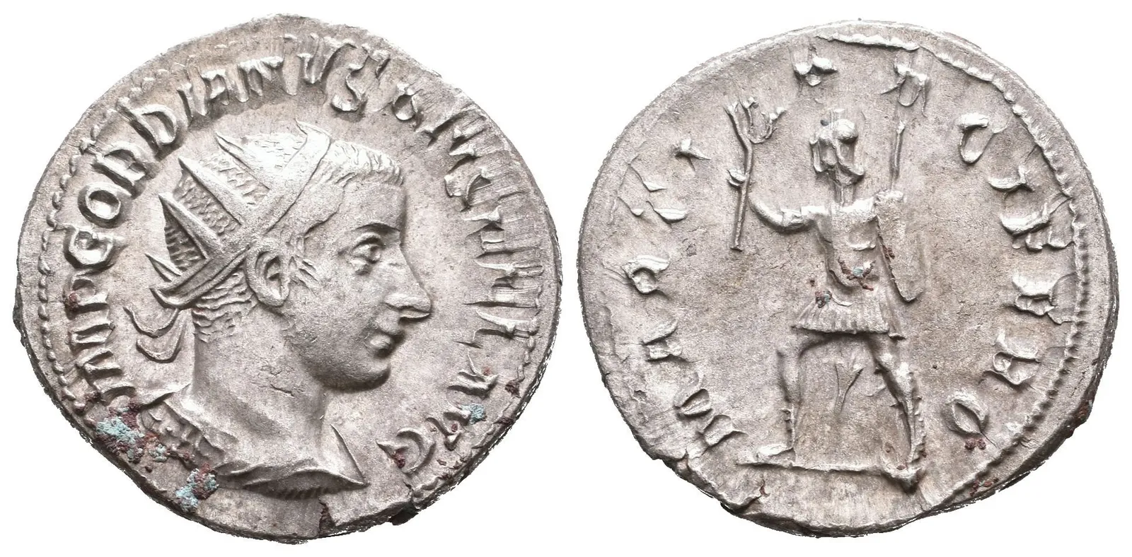Antoninian, Antiochia, 242 - 244, Rv: MARTI PACIFERO, Mars kráčející vlevo — 1