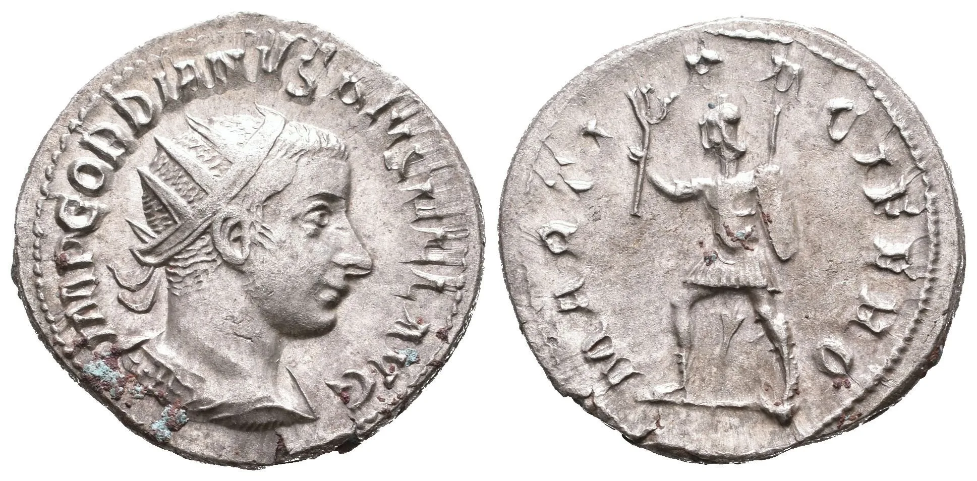 Antoninian, Antiochia, 242 - 244, Rv: MARTI PACIFERO, Mars kráčející vlevo — 1