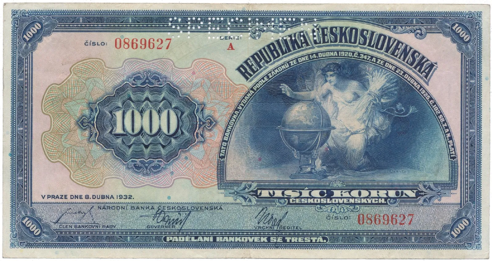 1000 Koruna 1932, série A, SPECIMEN, Hej.26a