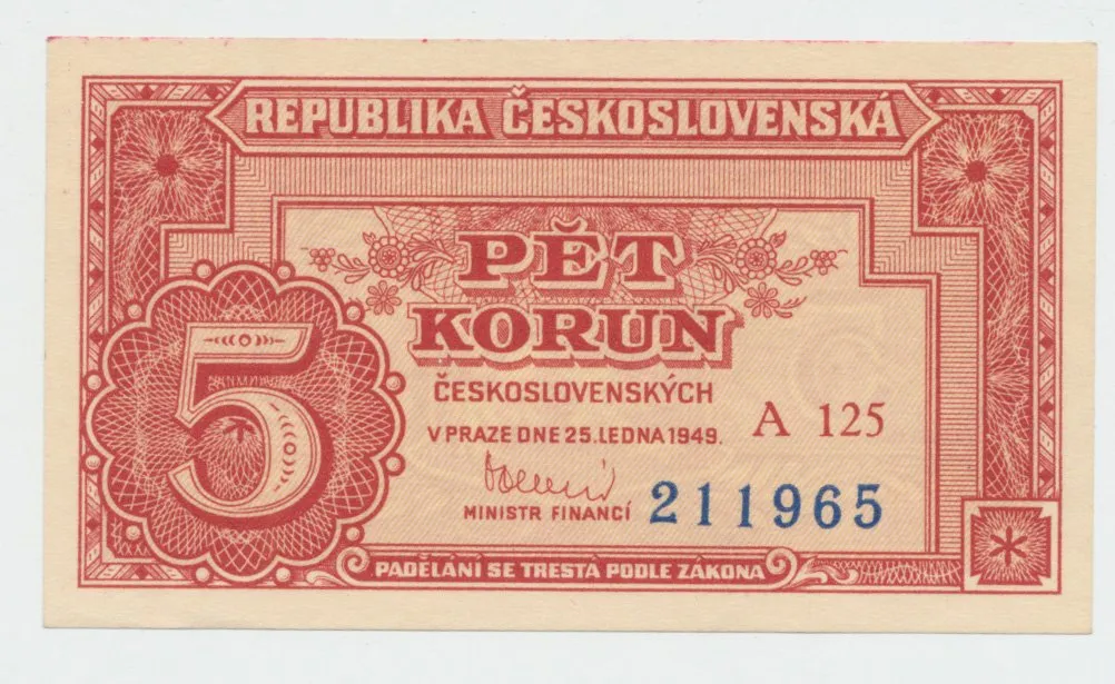 Československo, 5 Koruna 1949, série A 100 - 169, neperforovaná, Hej.83a3