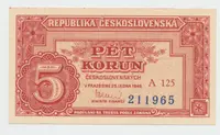Československo, 5 Koruna 1949, série A 100 - 169, neperforovaná, Hej.83a3