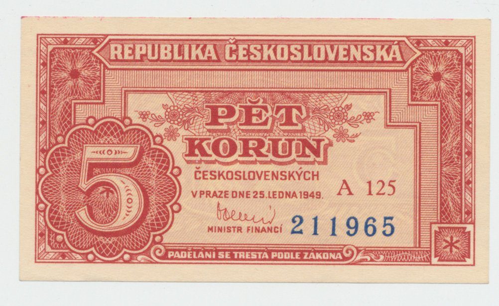 Československo, 5 Koruna 1949, série A 100 - 169, neperforovaná, Hej.83a3