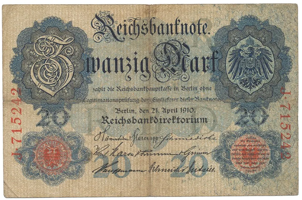 Německo, 20 Mark 1910, 6-místný číslovač, Ro.40a