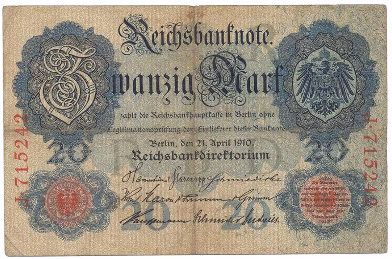 Německo, 20 Mark 1910, 6-místný číslovač, Ro.40a