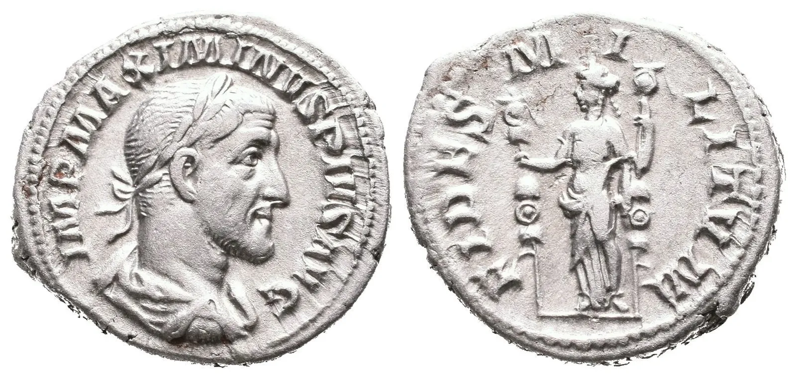 Denár, 235 - 236, Rv: FIDES MILITVM, stojící Fides drží vojenskou standartu v každé — 1