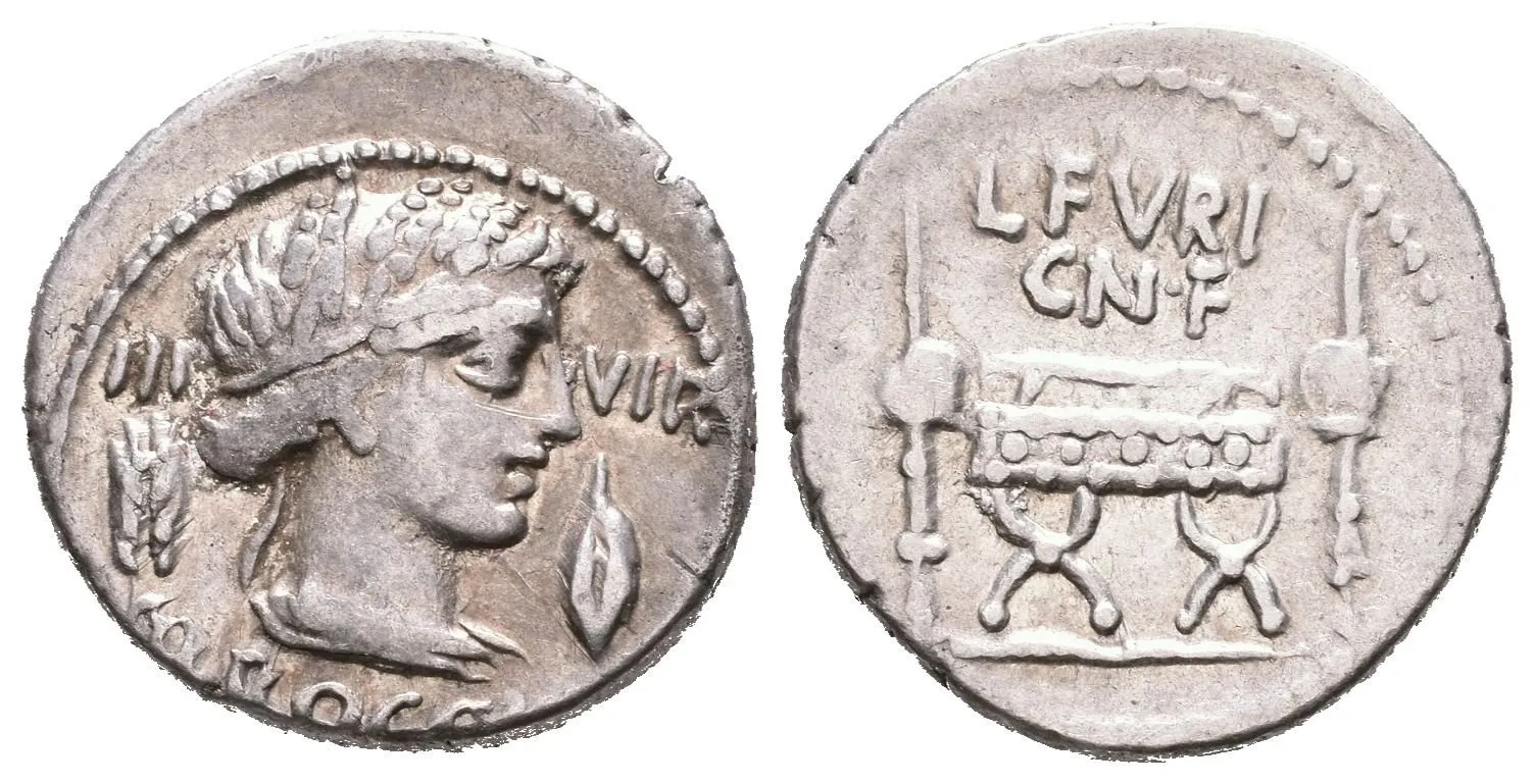 Denár, Poprsí Ceres zprava, po stranách klas a ječné zrno, III VIR BROCCHI / — 1