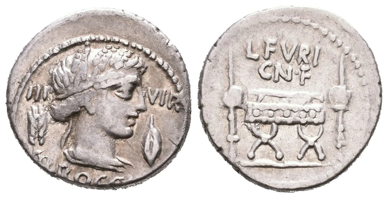 Denár, Poprsí Ceres zprava, po stranách klas a ječné zrno, III VIR BROCCHI / — 1