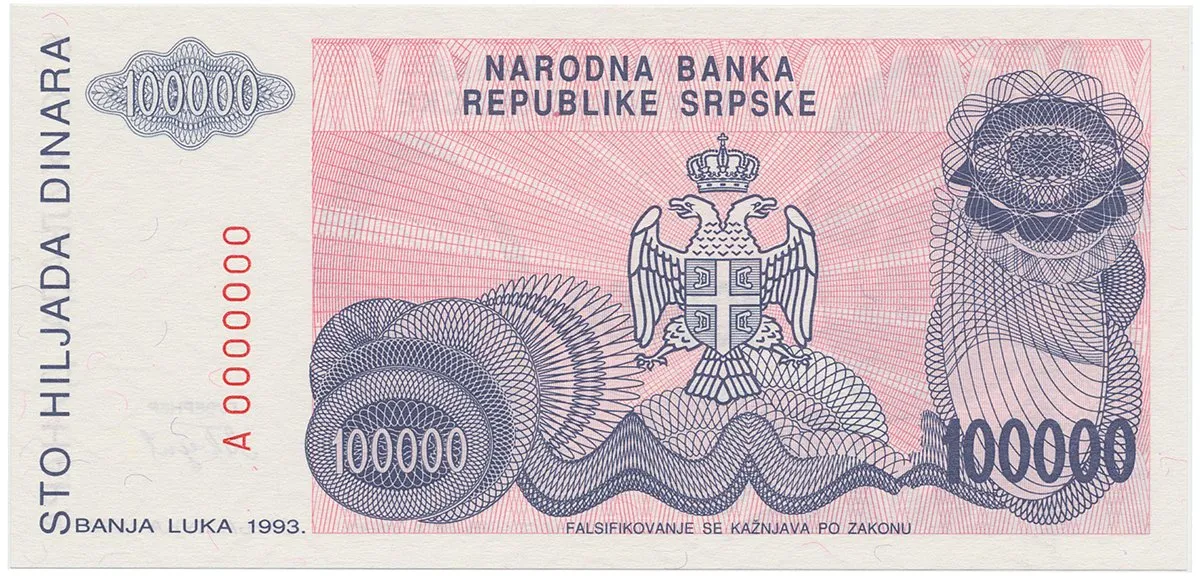 Bosna a Hercegovina, 100.000 Dinara 1993, anulát, A 0000000, P.151