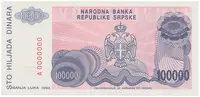 Bosna a Hercegovina, 100.000 Dinara 1993, anulát, A 0000000, P.151