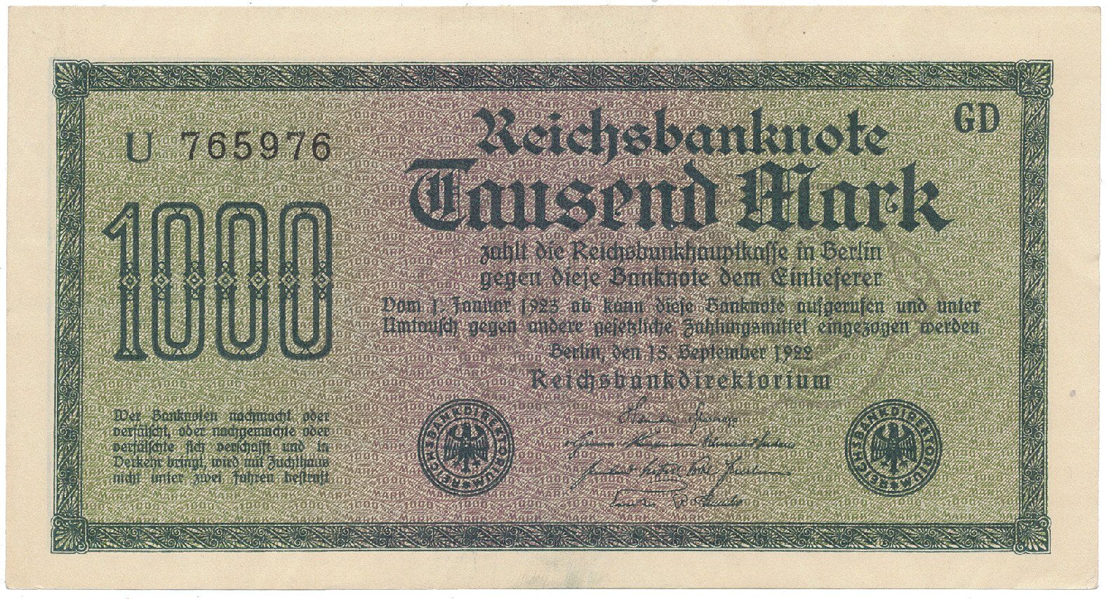 Německo, 1000 Mark 1922, vod. Hakensterne, černé 6-místné číslo, Ro.75b