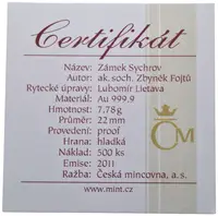Medaile 2011 (Fojtů, Lietava) - Zámek Sychrov. Au 0,999, 22 mm (7,78 g), kapsle, — 2