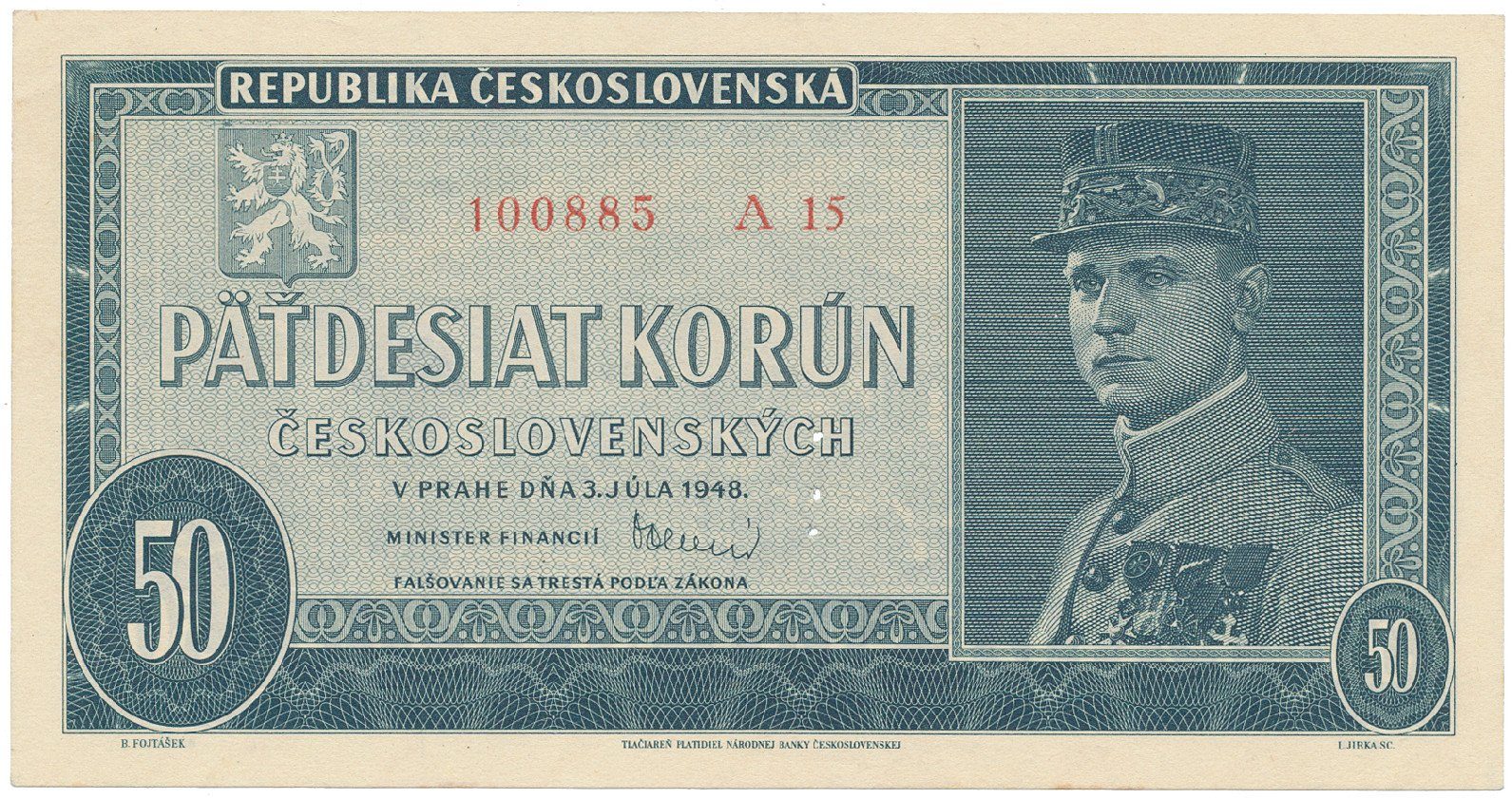 Československo, 50 Koruna 1948, série A 10 - 48, perforace 3 md, Hej.82a2.S1