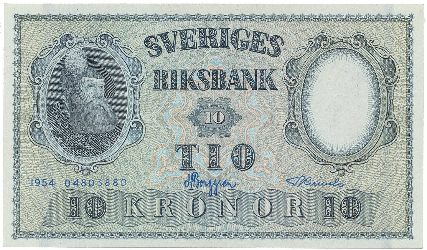 Švédsko, 10 Kronor 1954, modrý číslovač, P.43b