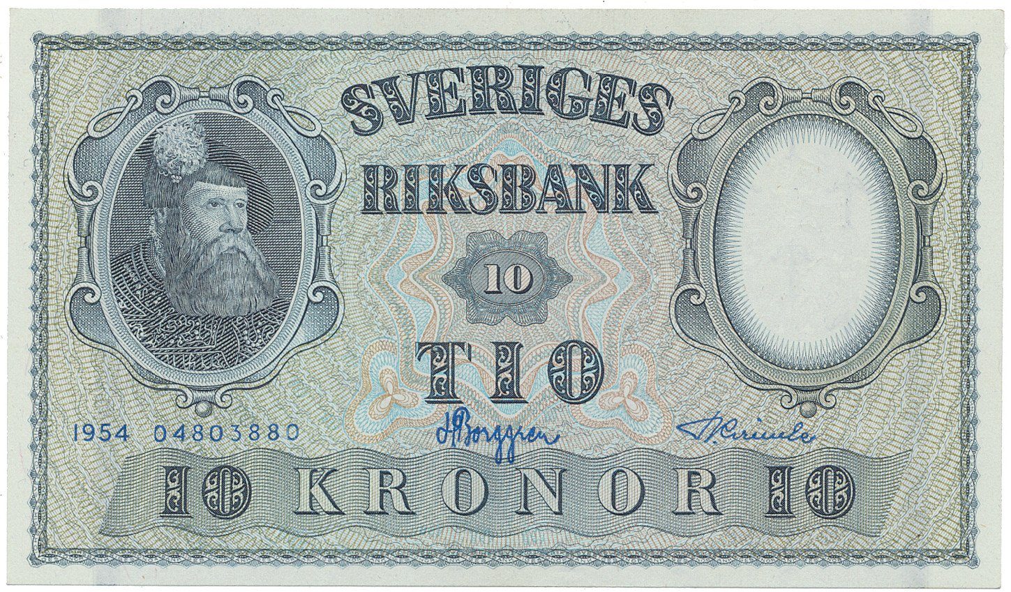 Švédsko, 10 Kronor 1954, modrý číslovač, P.43b