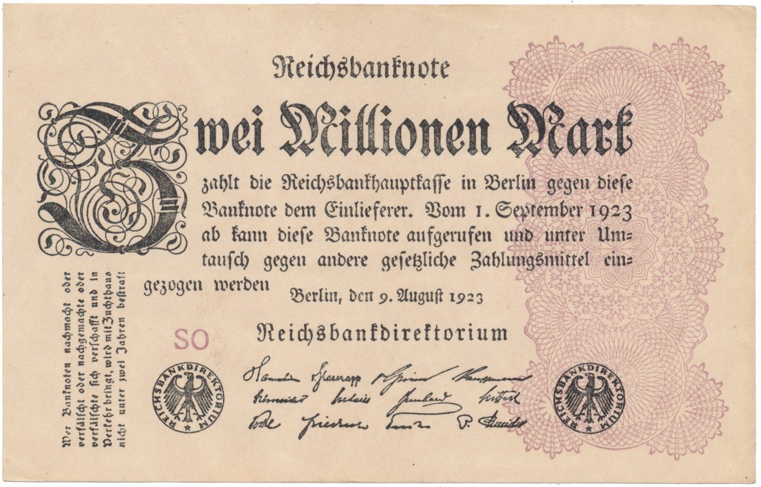 Německo, 2 Millionen Mark 1923, Ro.103a