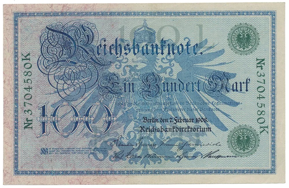 Německo, 100 Mark 1908, zelený číslovač, Ro.34