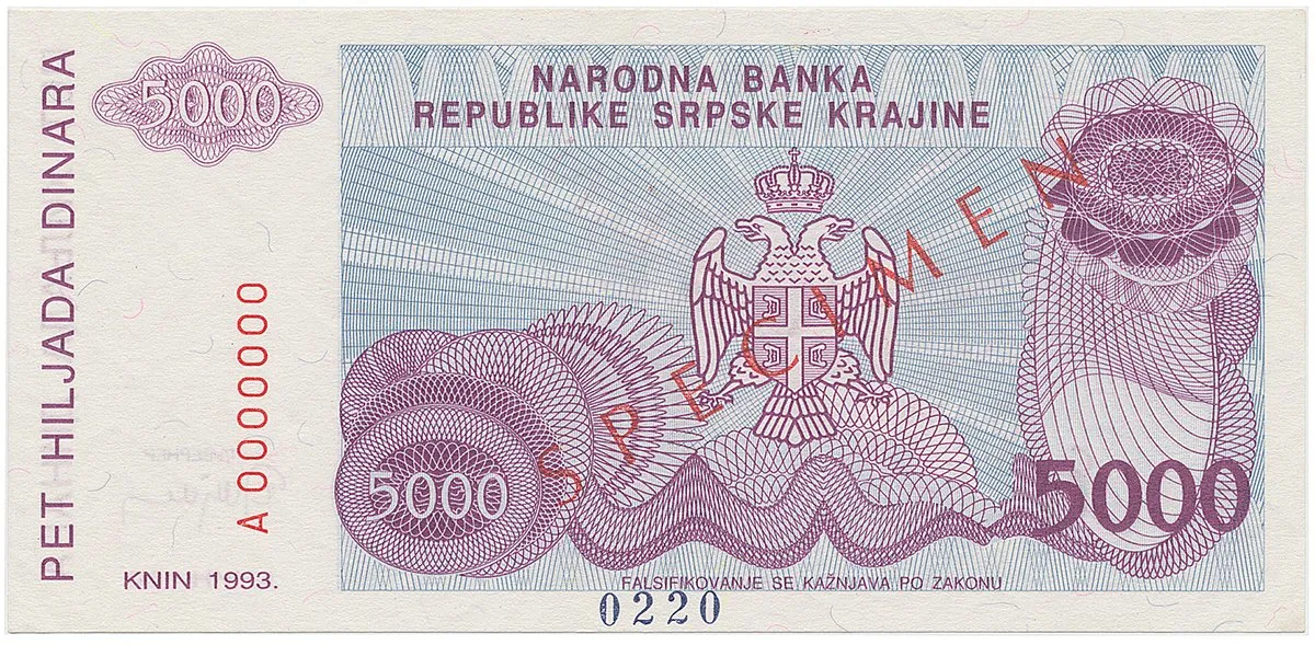 Chorvatsko - Srbská Krajina, 5000 Dinara 1993, bankovní vzor, A 0000000, přet. SPECIMEN, P.R20s