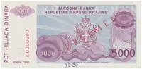 Chorvatsko - Srbská Krajina, 5000 Dinara 1993, bankovní vzor, A 0000000, přet. SPECIMEN, P.R20s