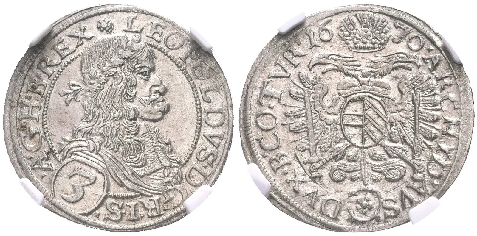 3 Krejcar 1670, Vídeň-Faber, Nech.1968, etue NGC, hodnocení MS 63, luxusní zachovalost — 1