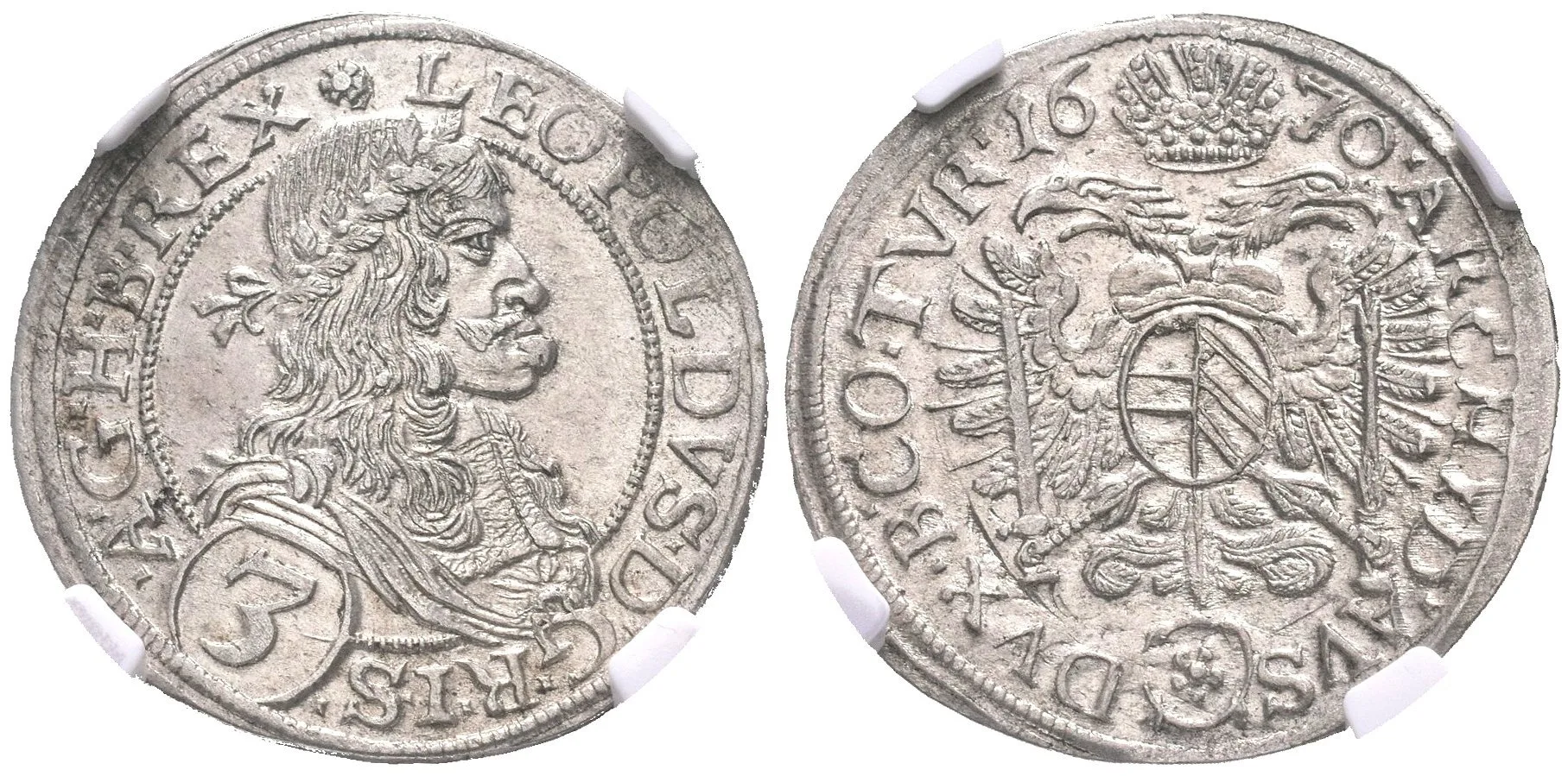 3 Krejcar 1670, Vídeň-Faber, Nech.1968, etue NGC, hodnocení MS 63, luxusní zachovalost — 1