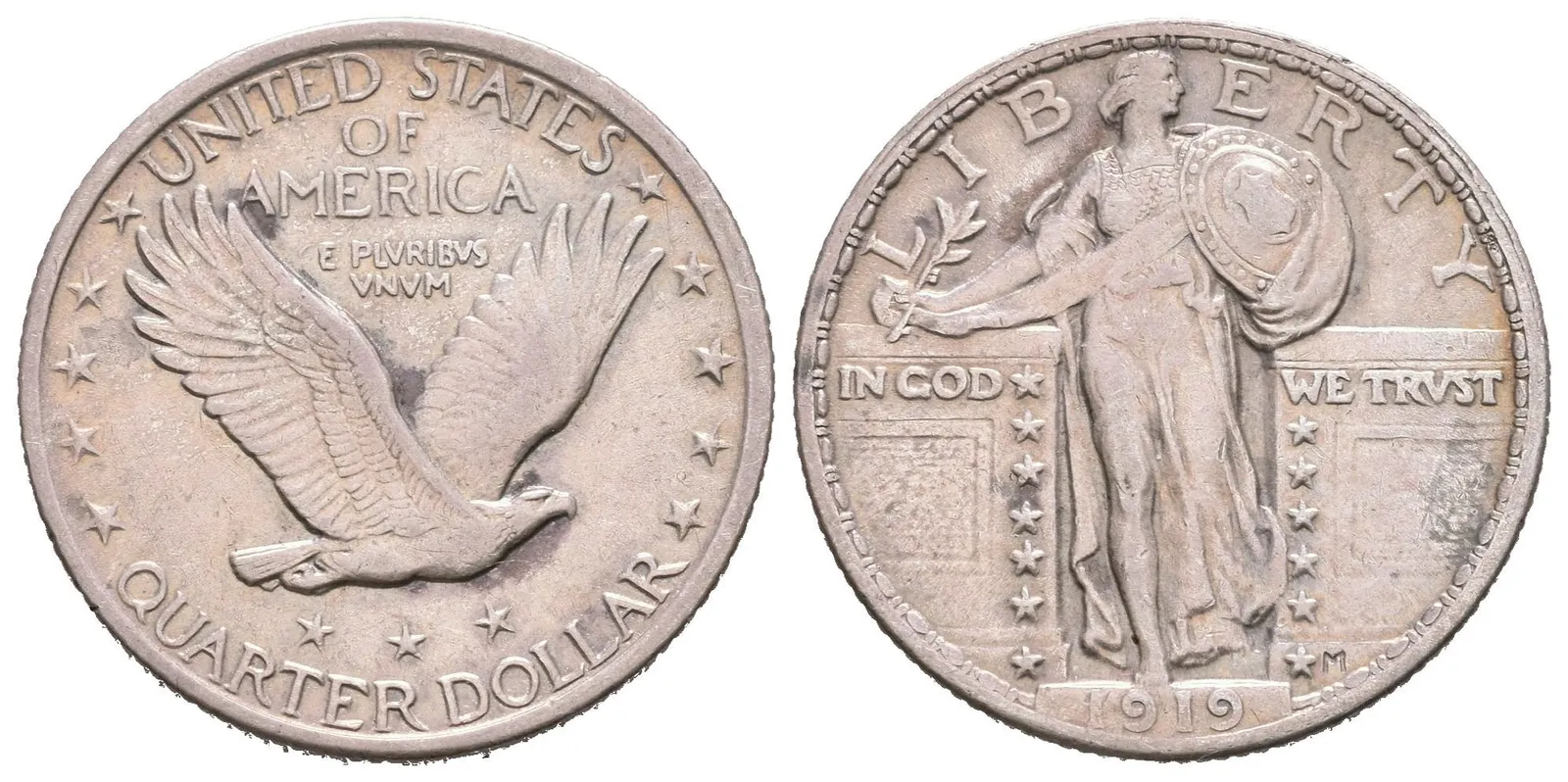 1/4 Dollar 1919, KM.145, patina, zbytky lesku, rysky — 1