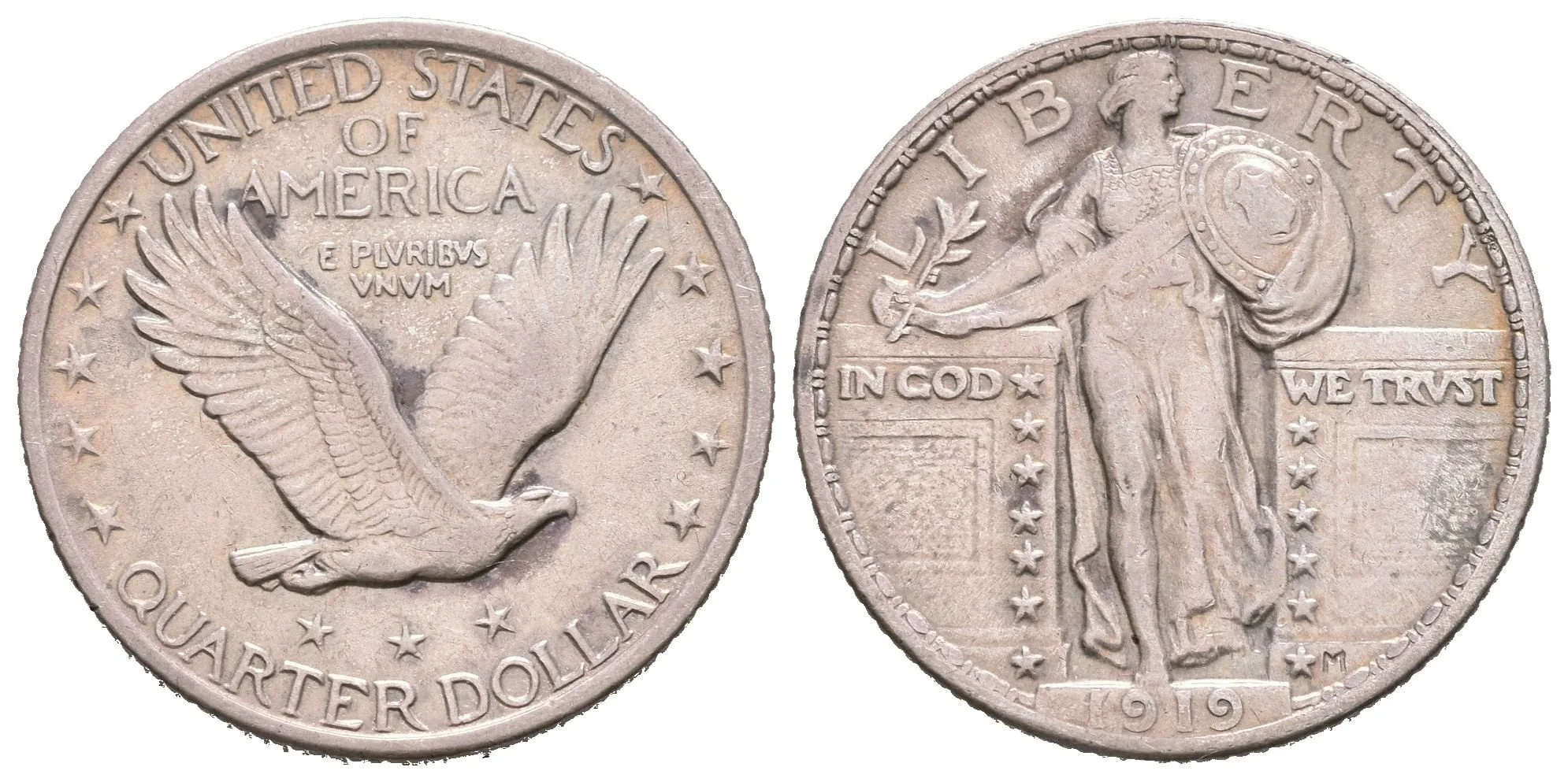 1/4 Dollar 1919, KM.145, patina, zbytky lesku, rysky — 1