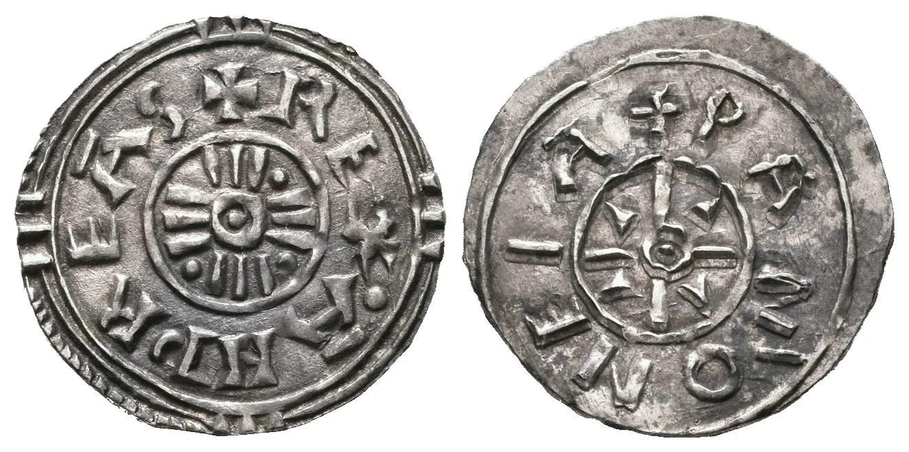 Denár, Husz.9, trojitě lemovaný kříž, kruh s tečkou uprostřed, — 1