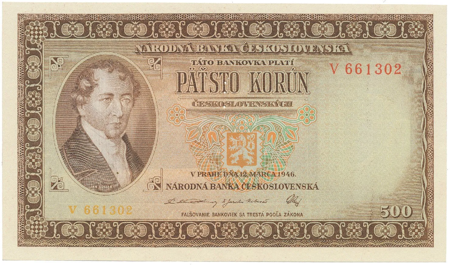 500 Koruna 1946, série A-Z, perforace 3 m.d., Hej.81a.S1