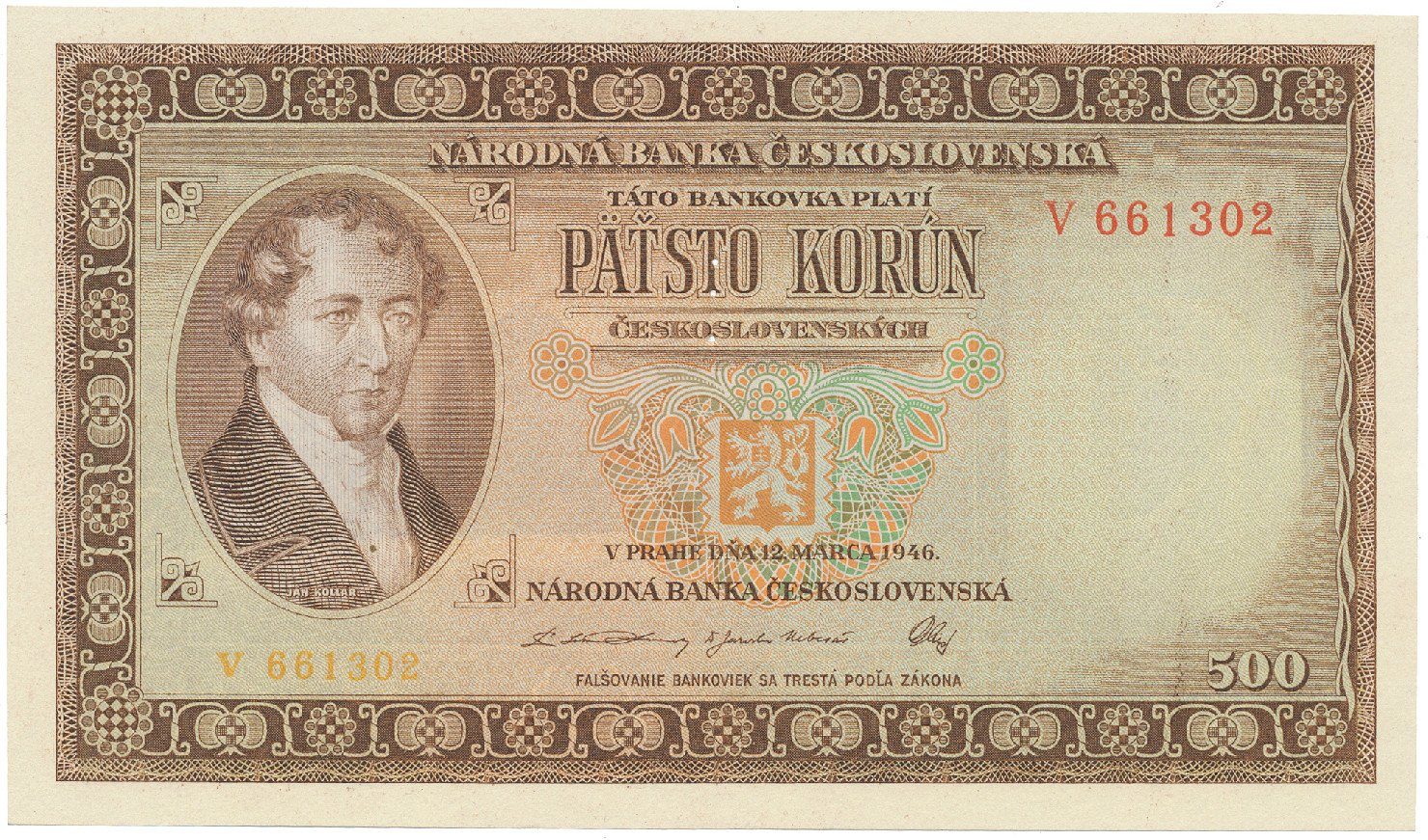 500 Koruna 1946, série A-Z, perforace 3 m.d., Hej.81a.S1
