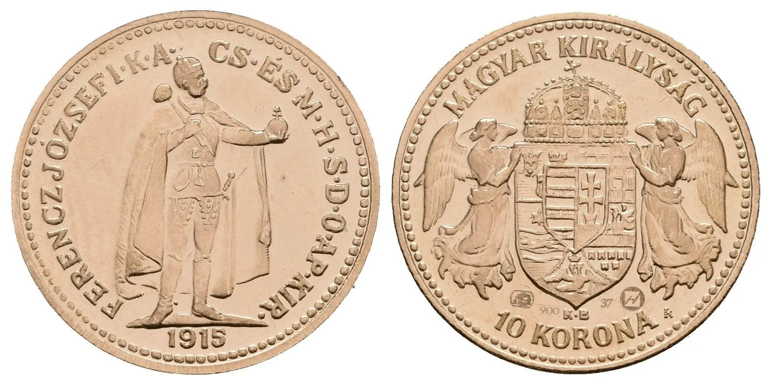 10 Koruna 1915 KB - novoražba Zlatá Huta Trenčín, číslo 37, Au 0,900 (3,42 g) — 1