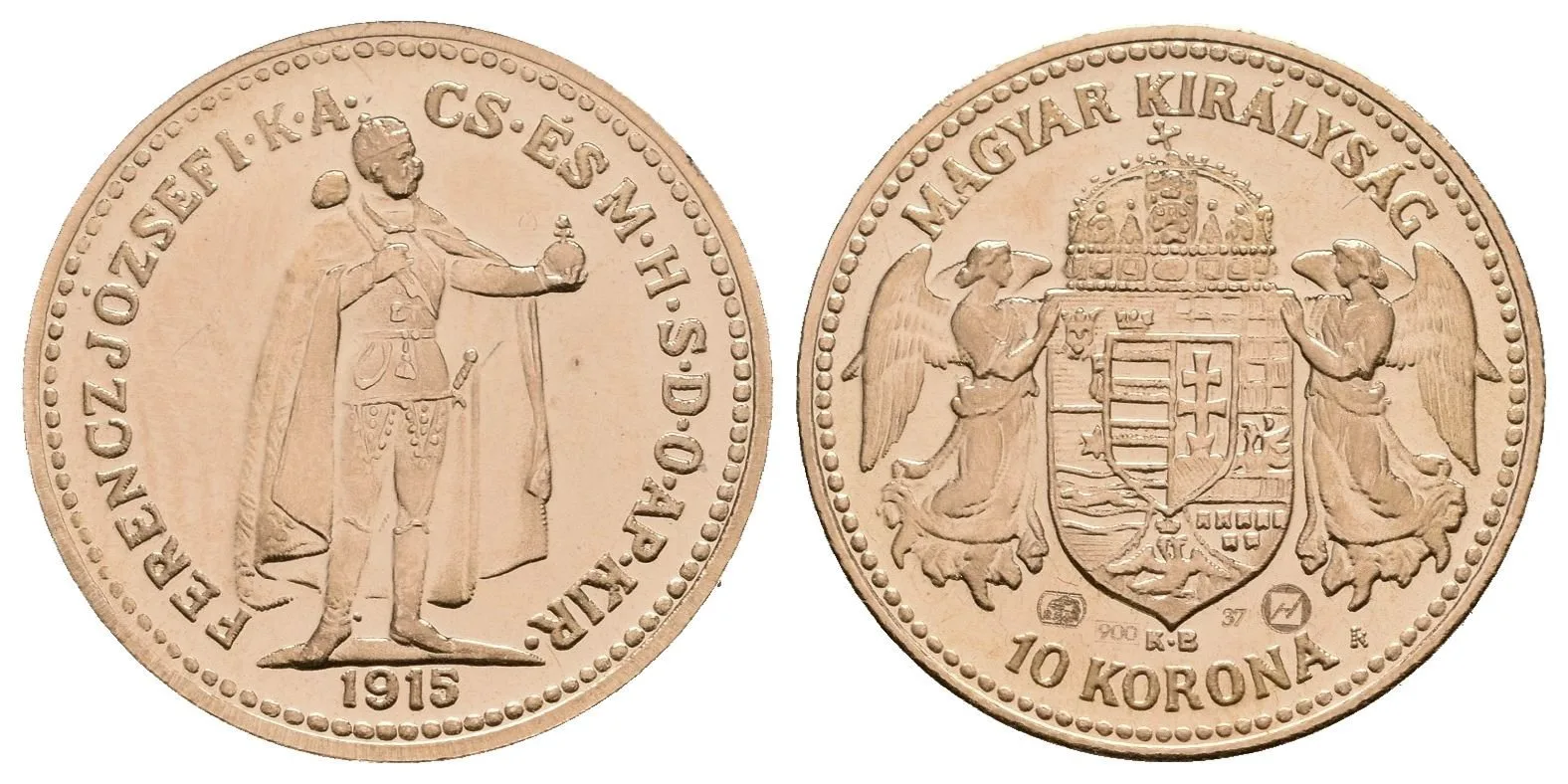 10 Koruna 1915 KB - novoražba Zlatá Huta Trenčín, číslo 37, Au 0,900 (3,42 g) — 1
