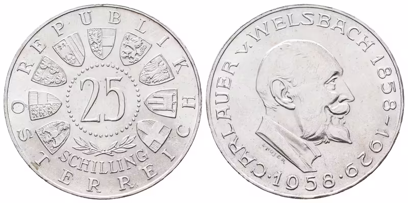 Rakousko, 25 Schilling 1957 - Welsbach